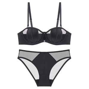 French style sexy black strapless seamless lingerie set with sheer mesh panels
