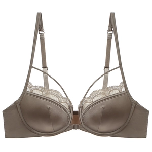 French lace front-closure bra in brown satin with stylish crisscross straps