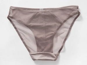 Detail view of lace mesh and silk satin patchwork on these elegant low waist panties