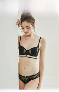 Close-up of black lace lingerie set with semi-sheer bra and intricate strappy details