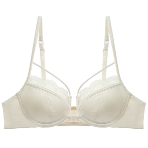 Elegant ivory lace front buckle bra with silk finish and cross strap design on white background