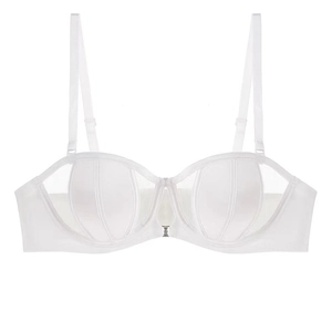 Detailed macro view of white seamless mesh bra with silver clasp and vertical stitching