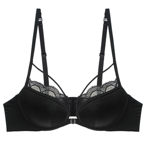 French style front-close black lace bra with sleek satin finish and cross straps