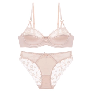 Elegant champagne lace lingerie set with satin fabric and floral embroidery detailing