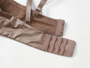 Detail of adjustable straps and four-row hook back closure on brown satin lingerie