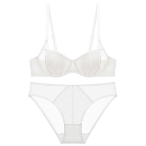 White sheer mesh lingerie set with vertical stripe texture and underwire support