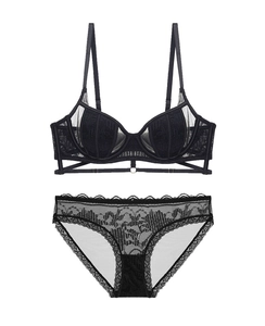 Two-piece black lace and sheer mesh lingerie set with thin straps and 1/2 cup bra