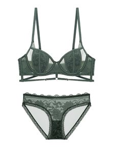Detail of dark green lace lingerie set featuring sheer floral patterns and mesh trim