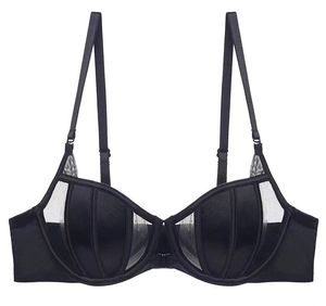 Detail of black shell-textured lace bra with mesh stitching and front metal closure