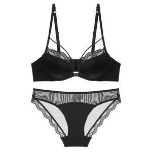 Sexy black lace lingerie set with front-closure bra and matching sheer panties