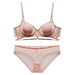 Detailed view of pink floral lace lingerie set with soft underwired cups and mesh panties