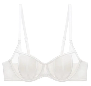 Detail of white semi-transparent mesh bra featuring seashell vertical stripes and underwire support