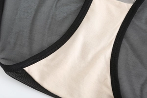 Detailed close-up of semi-transparent black mesh fabric and high-quality stitching on bra