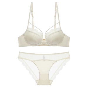 French lace lingerie set with front closure and soft underwire in cream white color