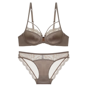 Taupe lace lingerie set with front closure and satin panties on a clean white background