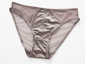 Detailed flat lay of taupe high-cut bikini panty with silk satin and sheer mesh fabric