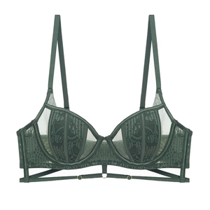 Detail of dark green lace bra with sheer mesh, underwire support, and elegant floral patterns