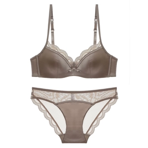 French style coffee brown satin lingerie set with lace trim and bow accent details