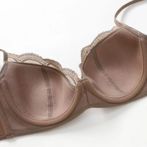 Lace-trimmed minimalist thin cup French bra set for women in deep coffee brown color
