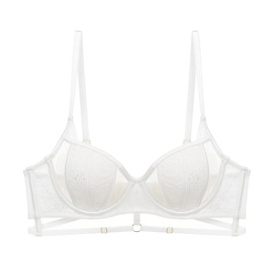 Close-up of white French lace bra featuring floral patterns and metallic ring detail