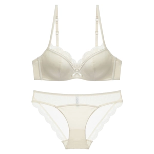 Champagne gold lace lingerie set with silk satin bra and mesh panties on white background