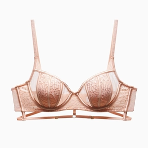 Detail of pink lace bra featuring delicate floral embroidery and sheer mesh texture