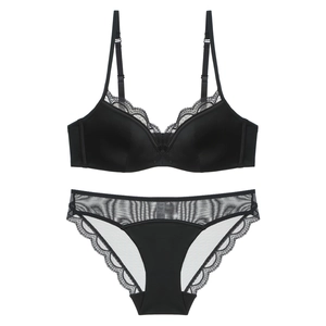 French style black lace satin lingerie set with thin straps and delicate embroidery