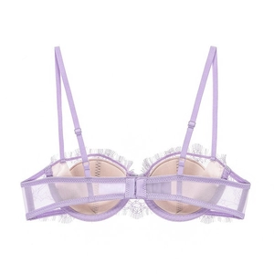 Back view of lavender eyelash lace bra featuring breathable mesh and adjustable straps