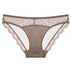 French style thin mocha satin panties with lace trim and mesh high-breathability back