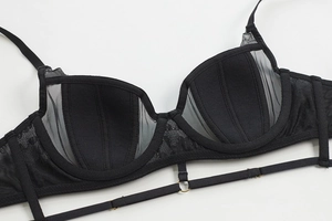 Close-up of black lace bra detail with adjustable straps and golden metal rings