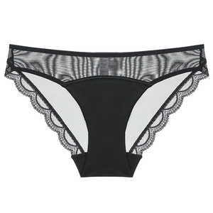 Elegant black lace panties with breathable mesh paneling and scalloped lace trim details