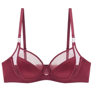 Elegant burgundy mesh bra with satin stitching and silver ring details on white background