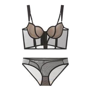French mesh paneled bustier and matching panty set in black with sheer mesh texture
