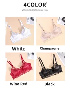 Flat lay detail of satin lace bras in white, champagne, wine red, and black colors