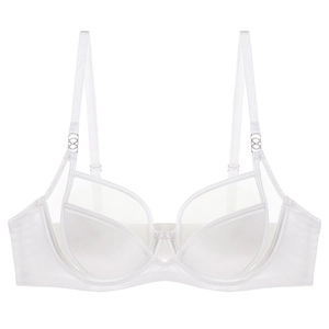 White satin and sheer mesh bra with double shoulder straps and metal ring details