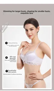 Detail of white lace bra featuring memory wire and breathable wide side wings