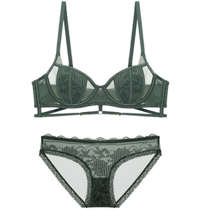 French Style Sexy Lace Bra Top And Bottom Mesh Thin Breathable Underwire Bralette Briefs Lingerie For Women Floral Nightwear