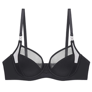 French style black sheer mesh minimizer bra with metallic accents and thin straps