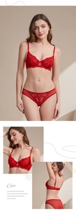 Detail of red lace lingerie set featuring intricate heart patterns and sheer mesh fabric