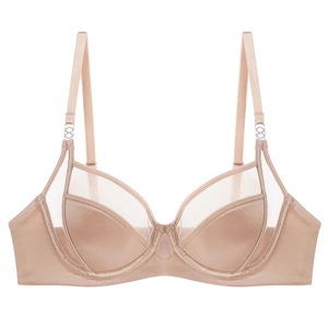 French style satin mesh lace bra for large breasts in nude color on white background