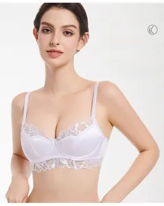 Detail of 3/4 stereo cup white satin lace bra with soft underwire for natural shaping