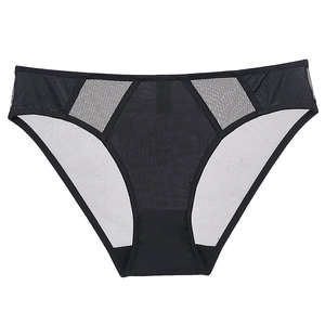 Women's sexy mesh patchwork brief in black, breathable sheer fabric with low waist design