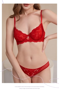 Detail of red heart lace bra featuring a small pearl pendant and delicate bow tie