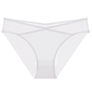 Slip bianco minimalista a vita bassa con inserti in rete trasparente e cinturini incrociati