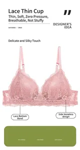 Vue détaillée du soutien-gorge en dentelle rose avec bonnets fins et structure sans armature
