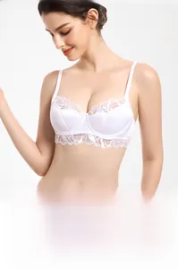 Close-up of white lace bra featuring soft underwire and premium satin fabric details