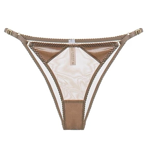 Perizoma da donna in velluto marrone e mesh bianco con fibbie dorate regolabili