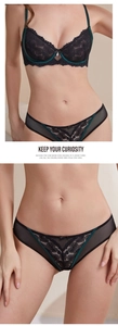Detail of black lace lingerie set with heart patterns and green trim accents