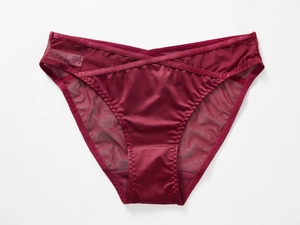 Detail view of wine red silk panties featuring sheer mesh panels and V-shaped cross straps