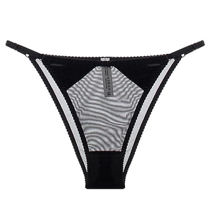 Perizoma sexy in velluto nero e mesh per donna con vita bassa e tassello in cotone